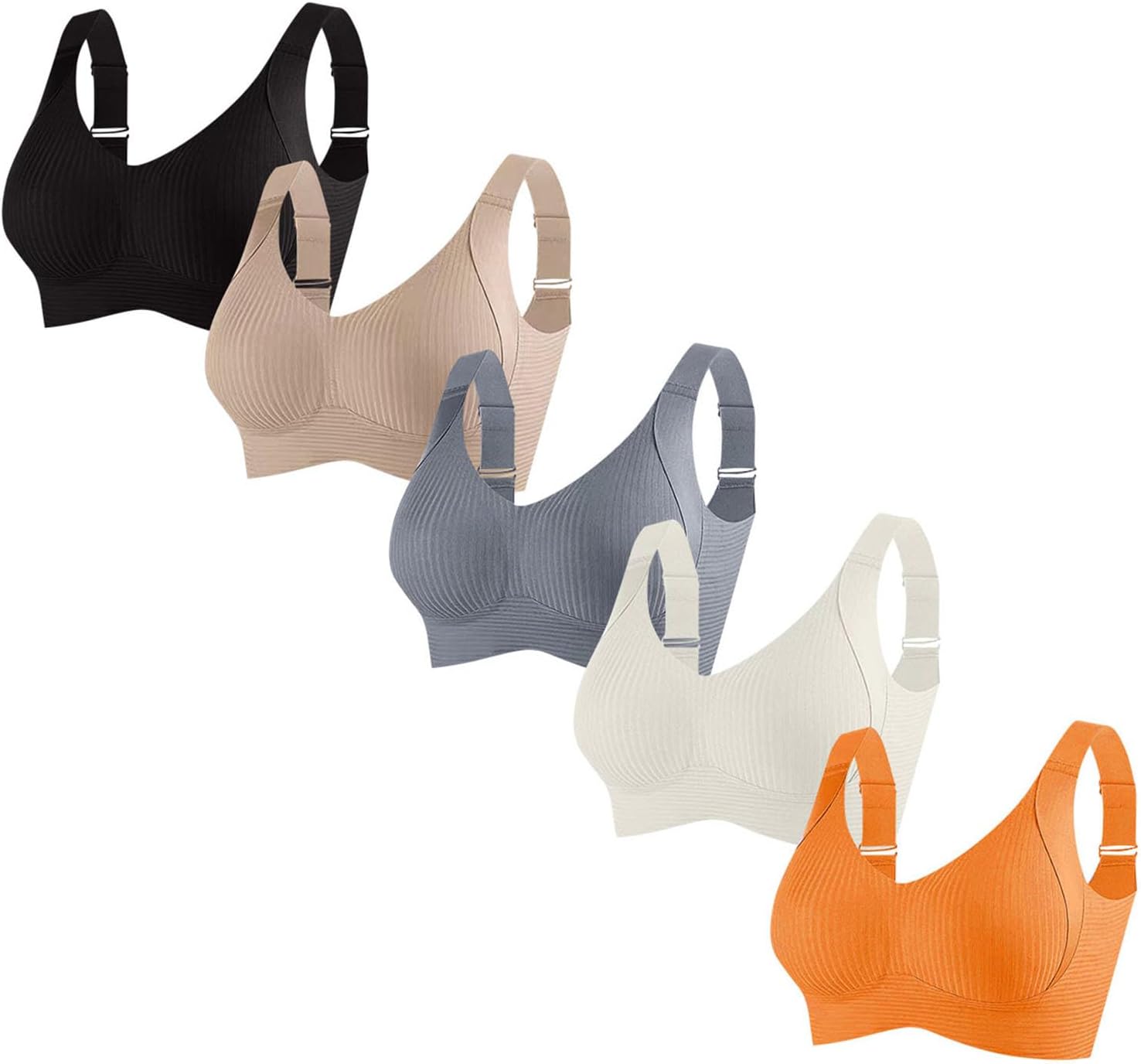 5 Pack Seamless Bras for Women Push Up Ribbed Wireless Full Support Adjustable Bra Solid Color Comfortable Bralette