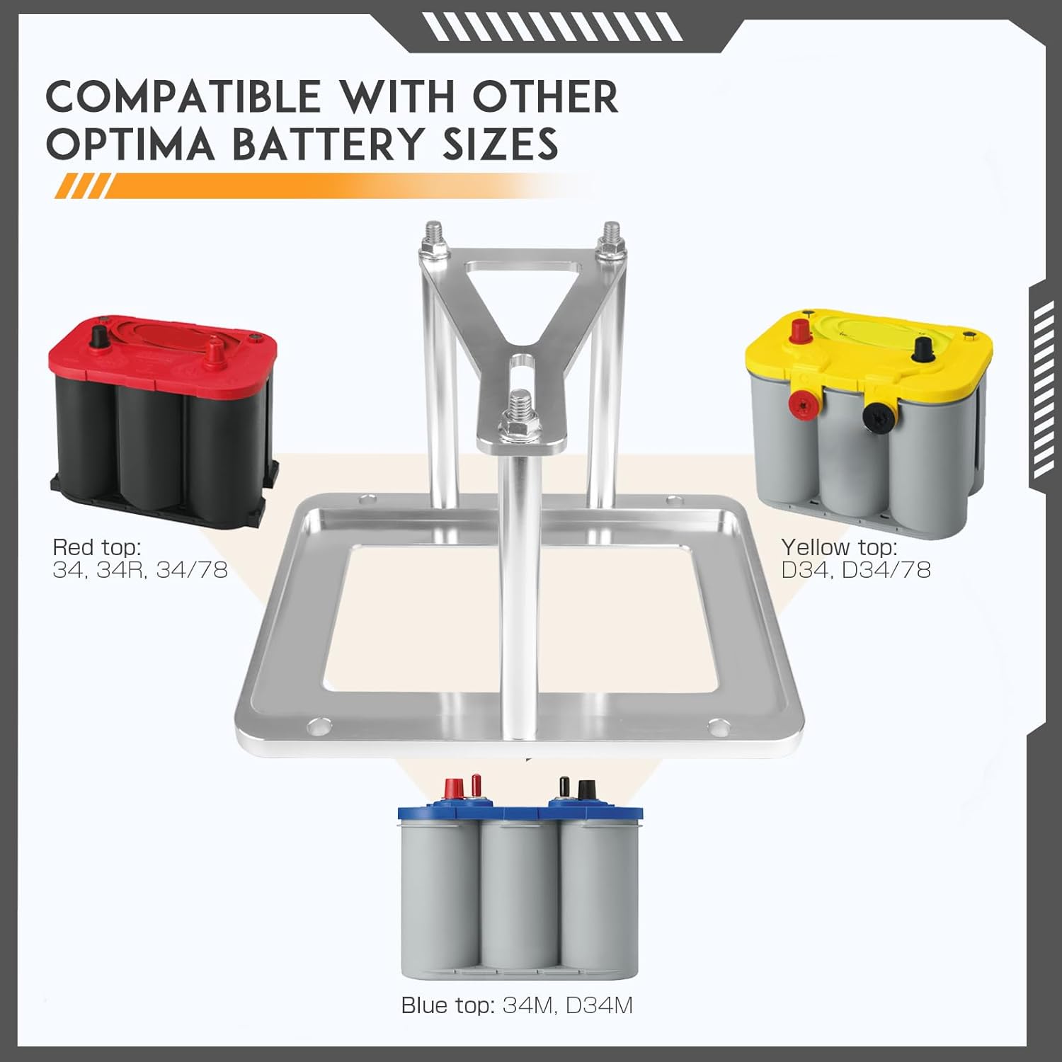universal battery tray hold down Relocation Billet Box compatible with Optima Red Yellow Blue Top 34 34/78 D34 D34/78 34M D34M aluminum billet