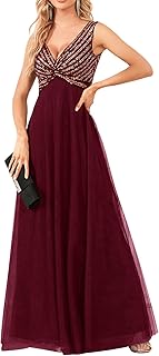 Women's Sequin Sparkly Dresses Evening Gowns Tulle Long Empire Waist Twist Formal Wedding Guest Party Maxi Dress
