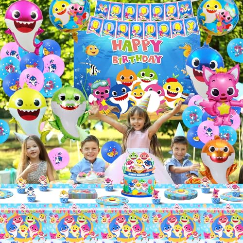 Déco anniversaire shark de 84 pcs avec ballons en aluminium et bannière