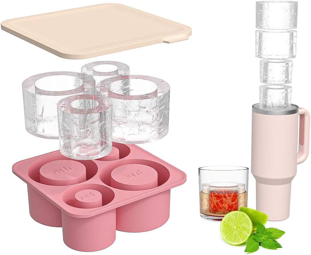EETUIce Cube Tray for Stanley Cup, Silicone Ice Cube Molds with Lids for 20oz 30oz 40oz Tumbler Accessories Cylinder Ice Maker for Whiskey, Cocktails, Drinks, Coffee (Pink)