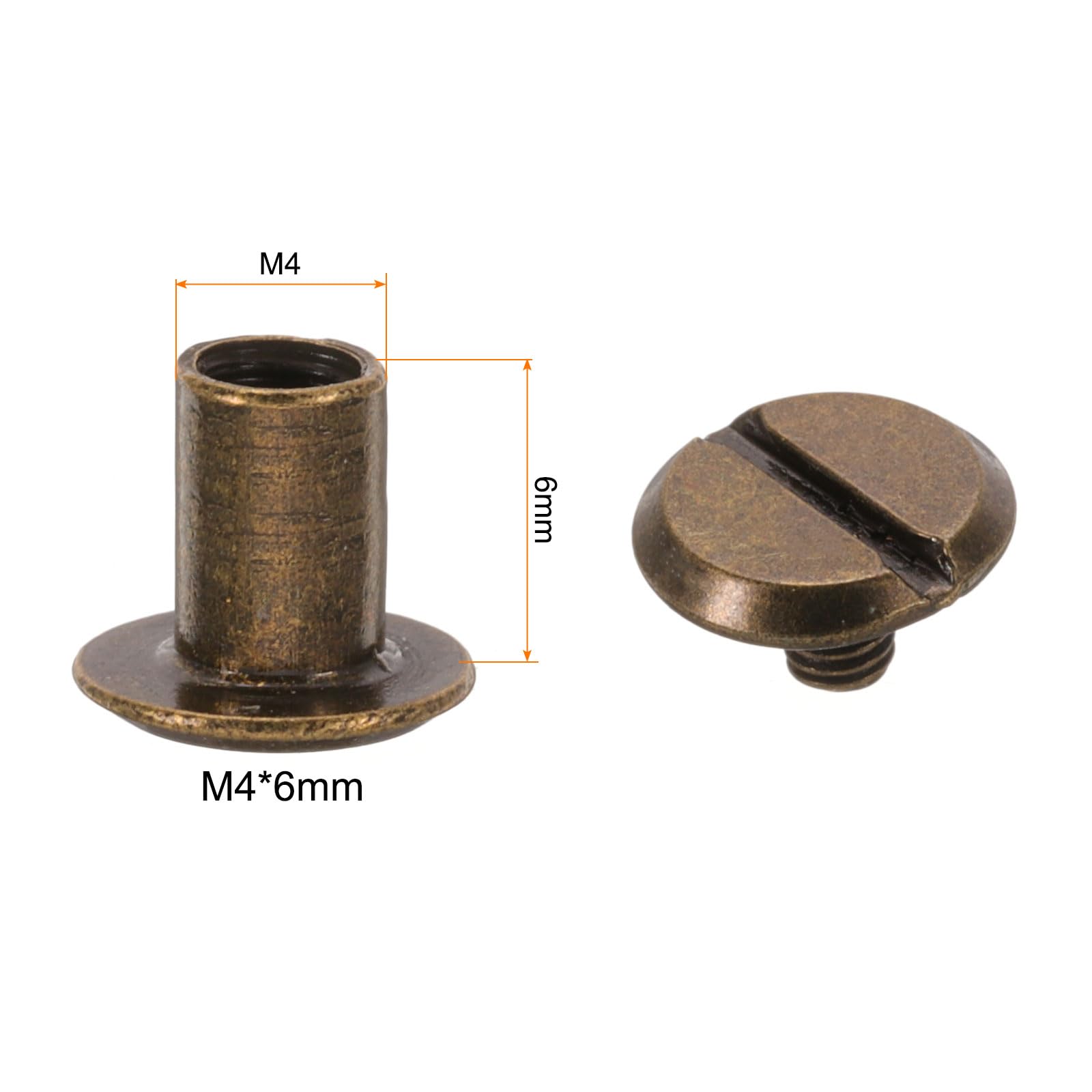 sourcing map Set di 30 viti Chicago M4 x 6 mm, in metallo, con testa scanalata, rivetti a chiodo, per fai da te, cintura, borsa, artigianato, rilegatura, bronzo