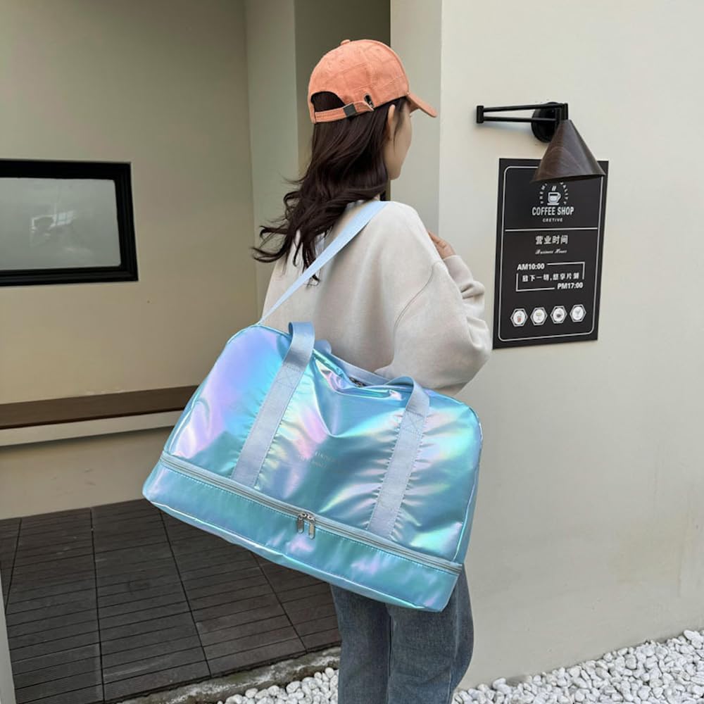 Holographic Shimmering Gym Duffle Bag with Shoes Compartment & Wet Pocket, Women Weekend Overnight Travel Bag Gymnastic Dance Bag for Girl (blue) - Image 3