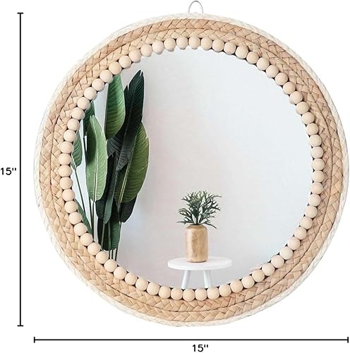 Miniatura 7 de Poeme Espejo redondo bohemio montado en la pared, espejo colgante decorativo de ratán circular de 15 pulgadas para dormitorio, sala de estar y baño
