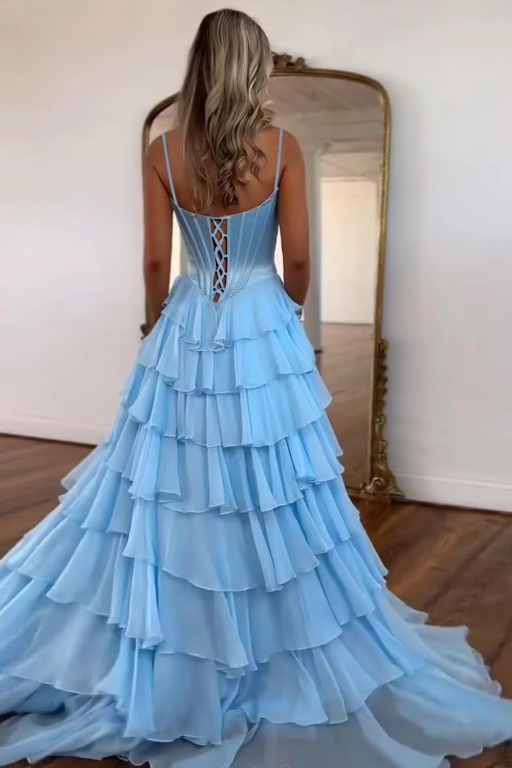 Spaghetti Straps Prom Dresses for Women Corset Tiered Ruffle Floral Chiffon V Neck Formal Evening Party Gowns with Slit
