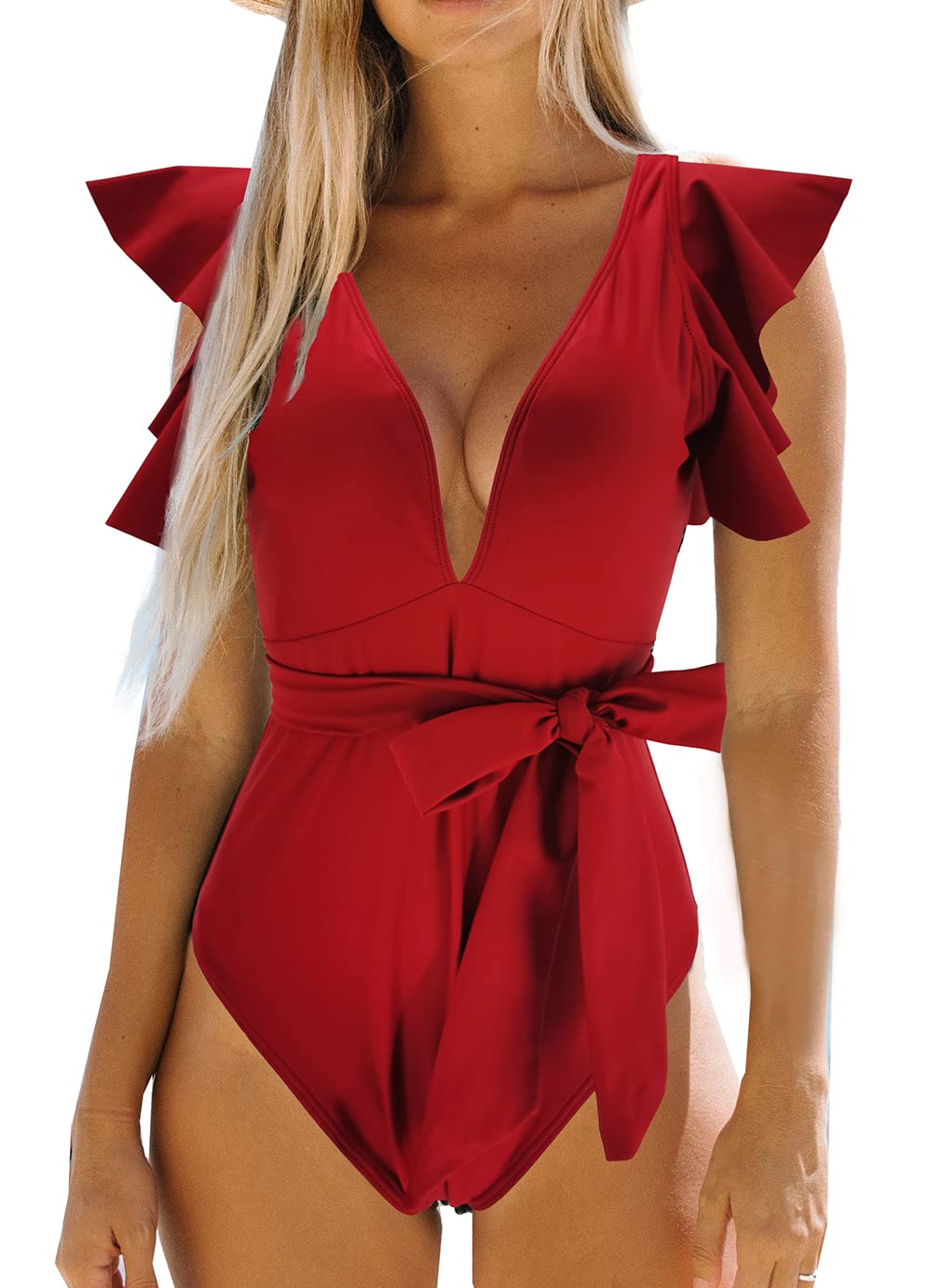 BinlowisV Neck Ruffle One Piece Swimsuit Ladies Floral Print Sexy Belt Bathing Suit Tie Back Swimwear