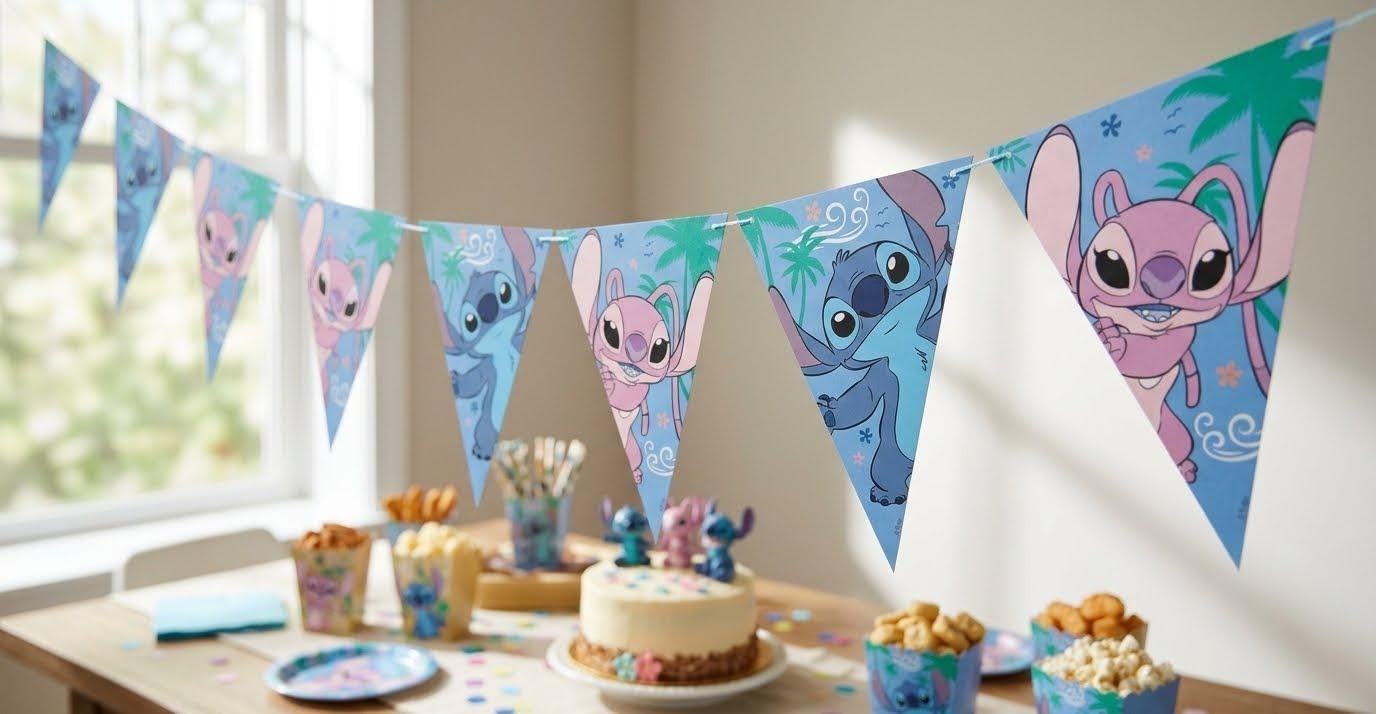 Kit Compleanno Stitch per 24 Persone - Set Festa 119 Pezzi con Piatti, Bicchieri, Tovaglioli, Palloncini, Tovaglia, Festoni, Bolle di Sapone e Decorazioni - Addobbi Tema Stitch per Bambini