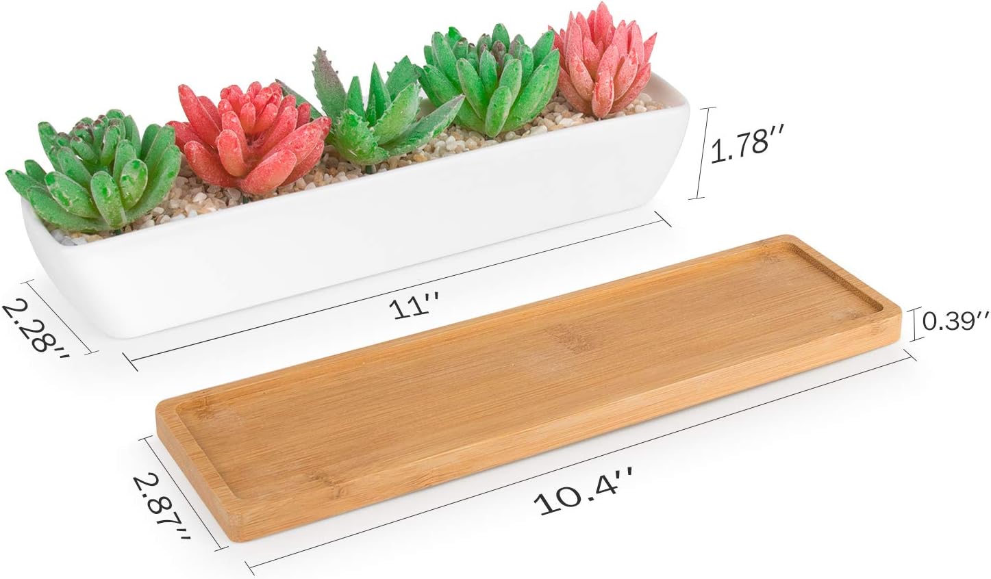 homenote Long White Ceramic Succulent Planter Pots (Size:11.1 x 2.28 x 1.78 inch) for Mini Succulents Rectangle Flower Pots with Drainage Hole and Bamboo Tray