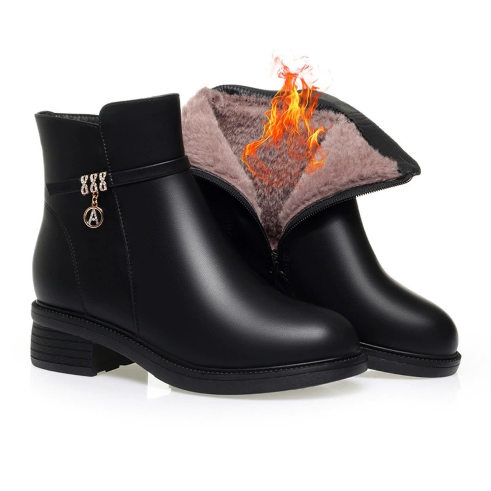 Womens Wedge Heel Ankle Booties Soft Leather Platform Side Zipper Sparkling Rhinestones Winter Warm Fur Lined Thickening Snow