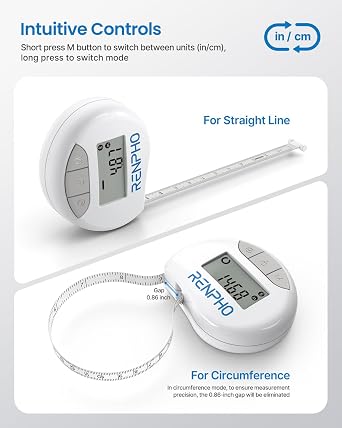 RENPHO Akıllı vücut çevresi ölçüm bandı, biseps, göğüs, kalça, baldır, uyluk ve boyun vücut çevrelerini ölçmek için Bluetooth ölçüm bandı, CM veya inç cinsinden fitness ölçüm bandı