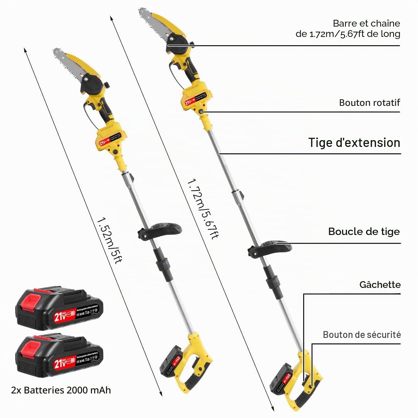 Élagueuse sur perche sans fil avec 2 batteries de 2000mAh scie à branches professionnelle | Tronçonneuse électrique avec perche télescopique 1,52-1,72m pour la coupe des branches de jardin