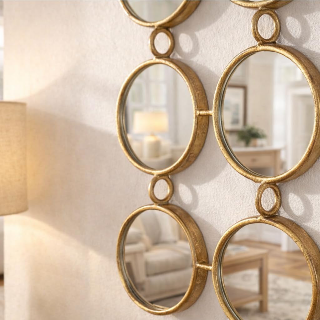 Gold Decorative Wall Mirror, 40.5" x 14.5" Metal Frame Accent Mirror with 24 Round Mirrors, Geometric Wall Decor for Living Room, Entryway, Hallway, Horizontal or Vertical Hanging