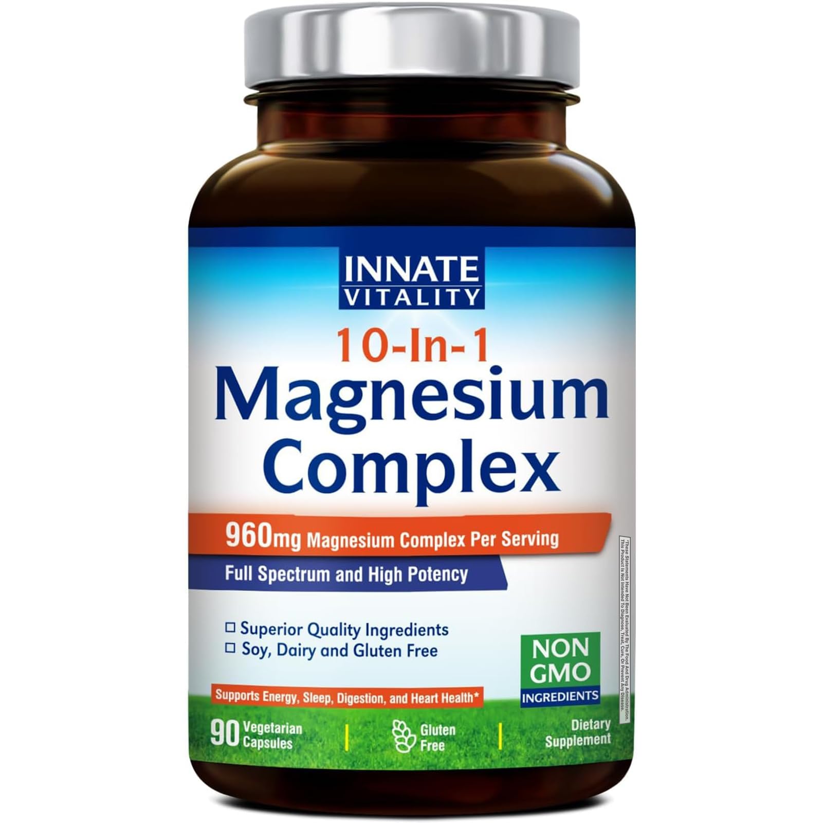 Innate Vitality 10-in-1 Magnesium Complex 960mg, 420mg Elemental Mag per Serving, with Magnesium Glycinate, Citrate, Malate, and More, Sleep, Digestion, Energy Support, 90 Vegan Caps