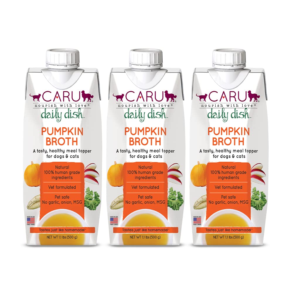 Caru - Daily Dish Pumpkin Broth - Meal Topper for Dogs &amp; Cats - Supports Overall Pet Health - Pour-Over Broth for Wet/Dry Food - Human Grade Ingredients - Non-GMO - Made in USA - 3 Pack