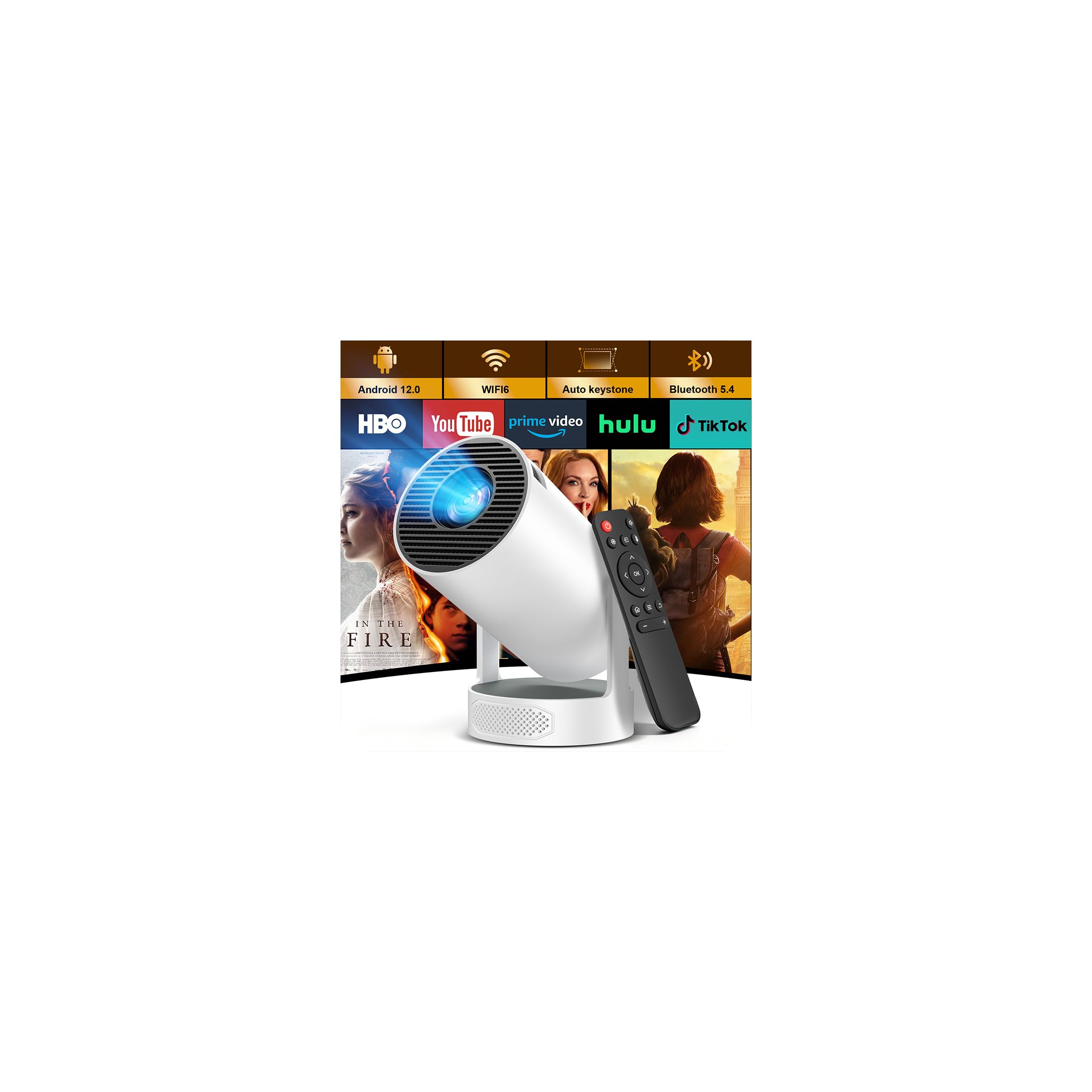 Proyector Portátil, Mini Proyector 4k 1080P Full HD Soporte 200 ANSI con WiFi 6 Bluetooth 5.4 Android 12.0, Altavoz Integrados 5W Auto Keystone Portable 270° Rotation para Cine en Casa Exterior