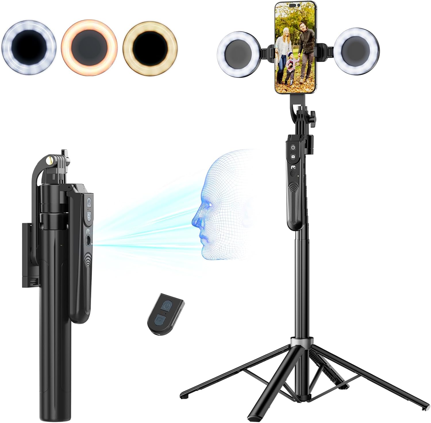 m mybat pro 72" auto face tracking tripod,all in 1 tall travel tripod stand w 1/4" screw,phone holder w remote,selfie stick w light for photo vlog, 360° rotation camera tripod for iphone android