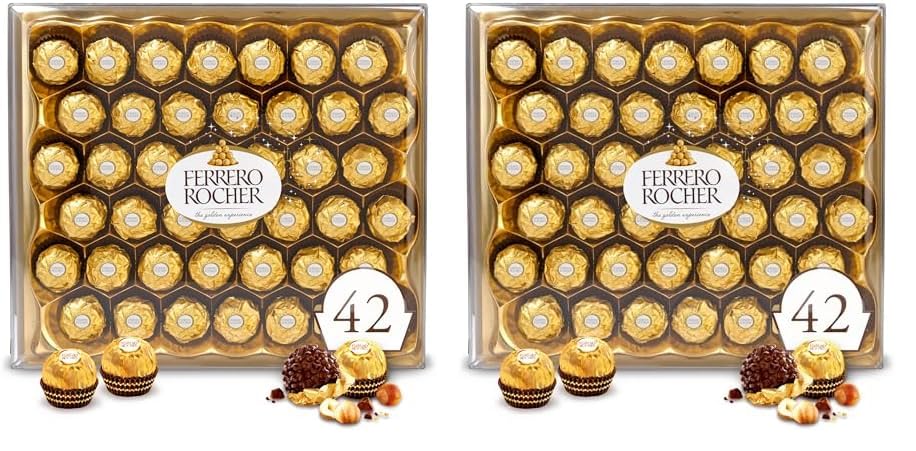 Ferrero Rocher Chocolate con leche gourmet de avellana, dulces envueltos individualmente para regalo, 42 unidades (paquete de 2)