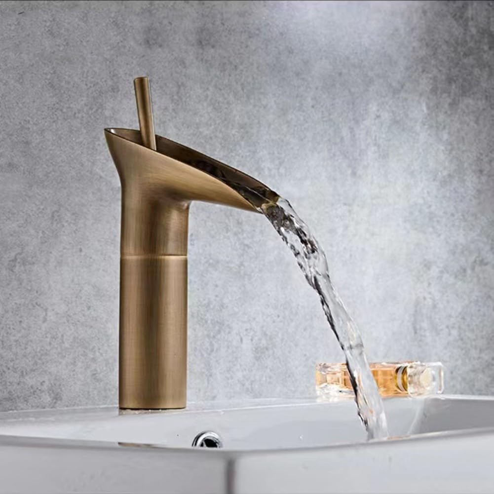 Vintage Bathroom Sink Faucet, Antique Gold Refined Copper Waterfall Basin Mixer Tap, Hot and Cold Water Control