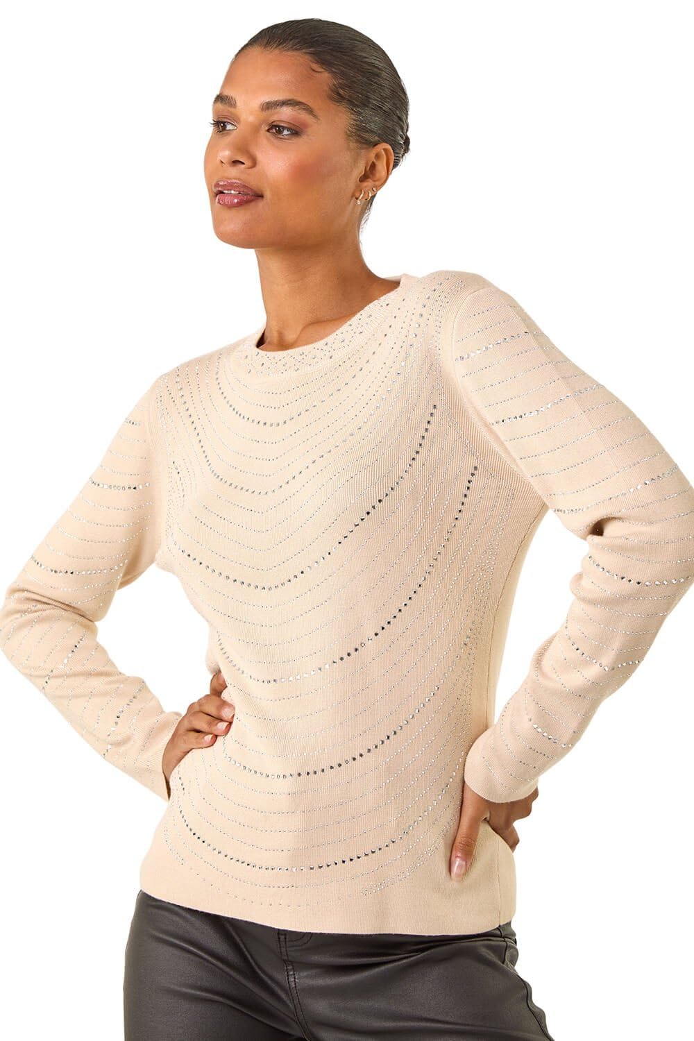 Roman Originals Women's Tan Sparkly Line Knit Jumper For Uk - Everyday Autumn Winter Crew Neckline Comfy Soft Evening Vacation Work Party Night Out - Size One