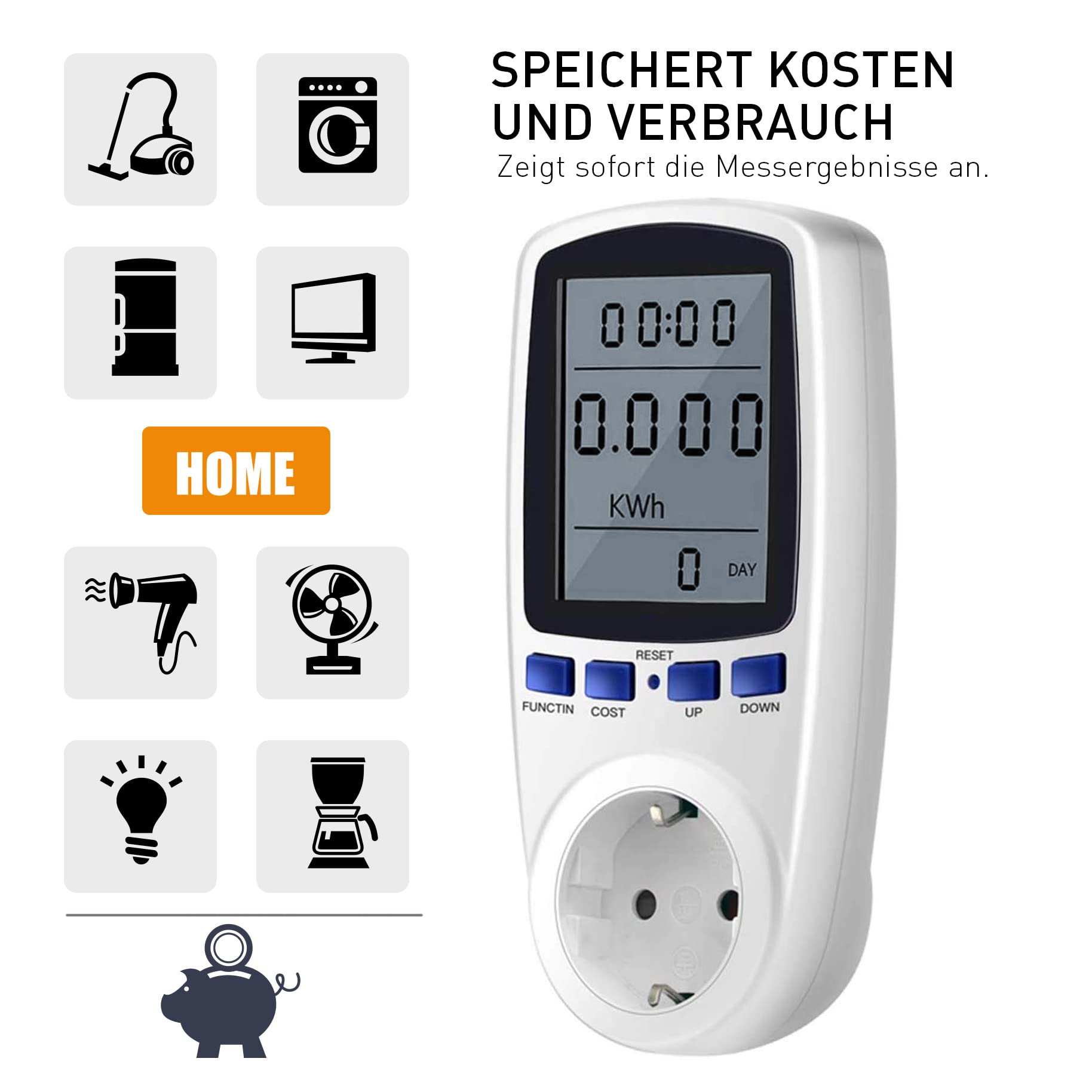 X4-LIFE Miernik prądu do gniazd wtykowych – z wyświetlaczem LCD – miernik kosztów energii – oszczędność pieniędzy dzięki dokładnym kosztom energii elektrycznej