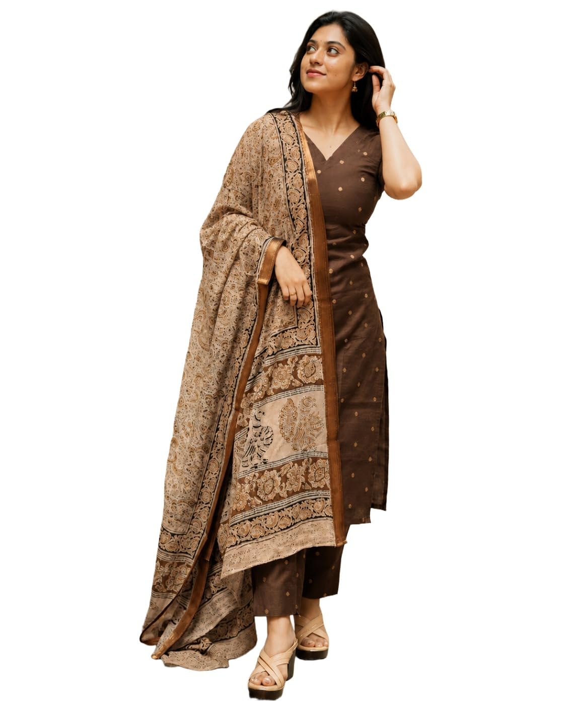 GoSriKi Women's Rayon Viscose Straight Printed Kurta with Pant & Dupatta (AHANKAR Brown-GS_S_Brown_Small)