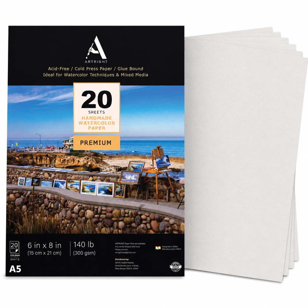 ArtRight Artists Watercolor Paper (A5 Pack of 20 Sheets, 300 GSM); Handmade Watercolour Paper for Artists