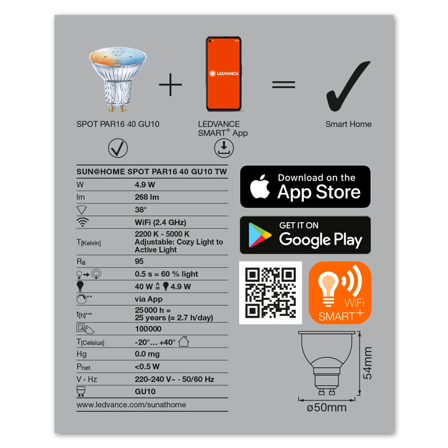 Ledvance SUN@HOME LED Lampe GU10 mit 4,9W ersetzt 40W, 268Lm, Sonnenlicht bis Kaminfeuer(2200-5000K), CRI95, Smarte WIFI Leuchte per Alexa, google,App steuerbar, 4er-Pack, Tunable Weiss, 4058075575783