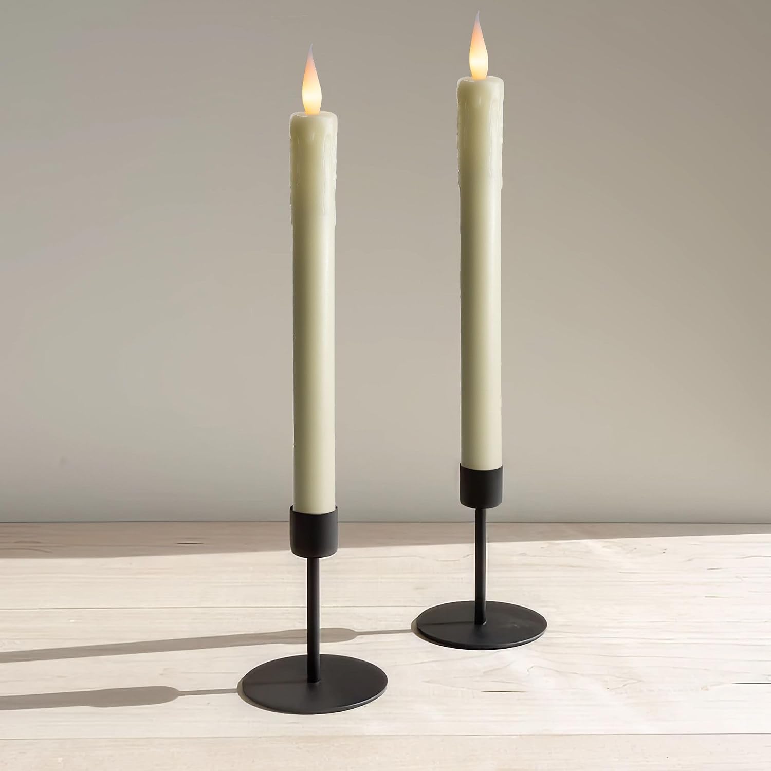 12 Pack, 10" LED Flameless Ivory Real Wax Drip Pillar Taper Candles w/Remote Controller, On/Off Button, Dimmable, Flicker/Static Mode, Battery Operated, Christmas Menorah Home Wedding Decor