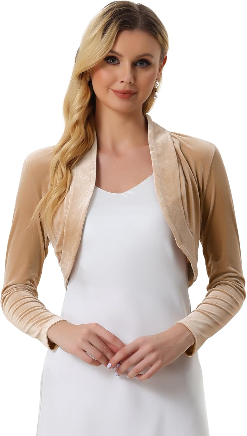 Allegra K Women's Long Sleeve Velvet Shrug Cocktail Party Open Front Cropped Bolero Cardigan Top