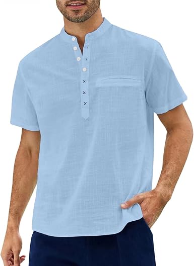 Men Cotton Linen Short Sleeve Shirts 