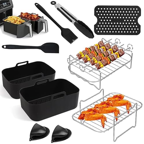 Molde Silicona para Freidoras de Aire Dual Zona, 9 Piezas Accesorios Freidora Sin Aceite Compatible con Cecotec 9L y Ninja Foodi AF300EU AF400EU, Accesorios Freidora de Aire con Rejillas Alfombrilla