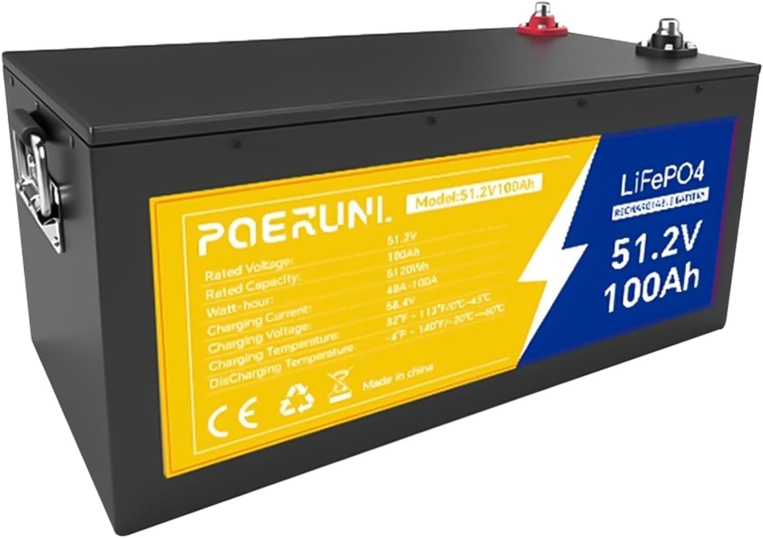POERUNI.51.2V 100Ah LiFePO4 Battery, 2560Wh Lithium Battery for Residence Vitality Storage, Photo voltaic Energy System, Off-Grid, Backup Energy, Constructed-in BMS, 15000+ Cycles, 10-12 months Lifespan