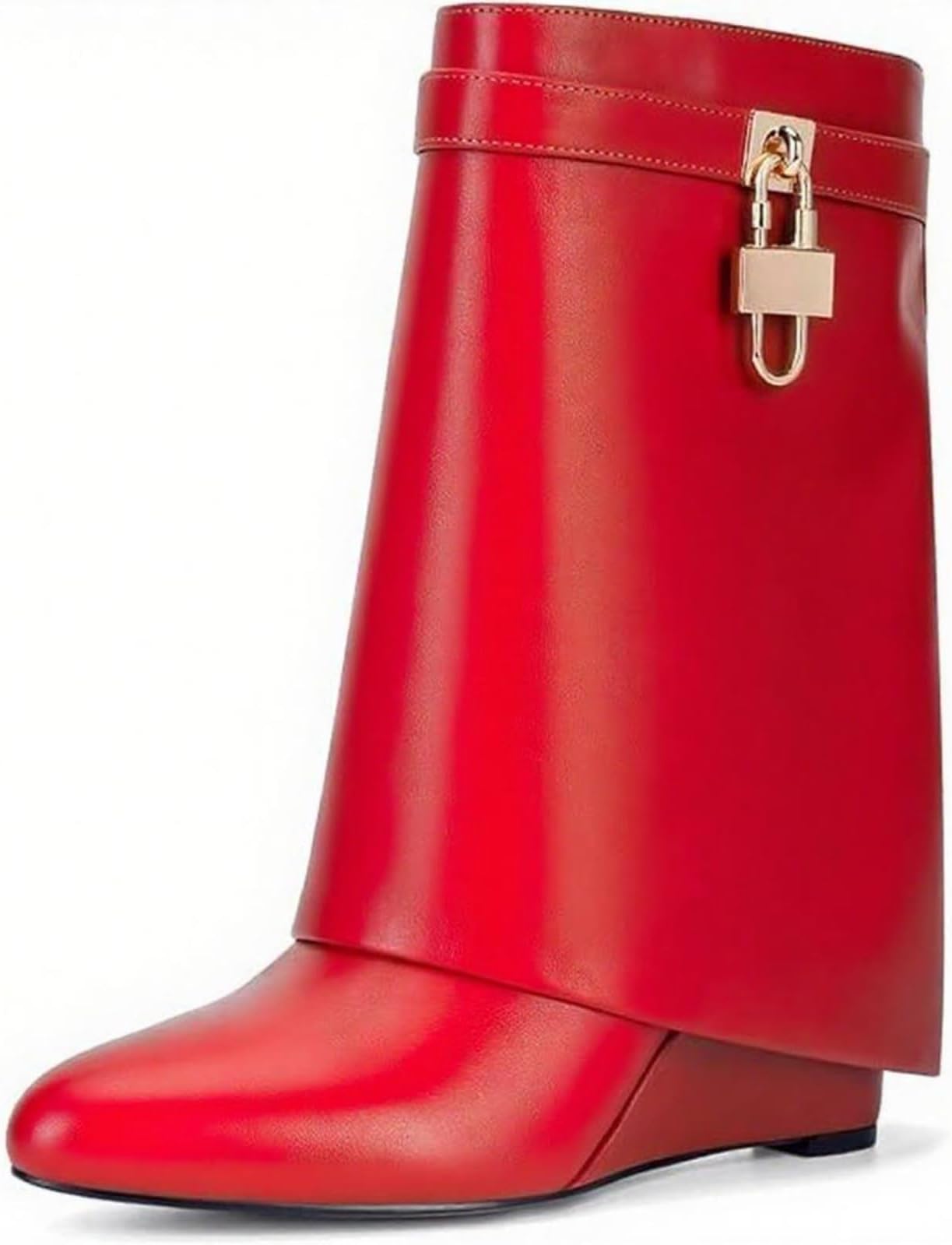 Women Fold Over Wide Mid-calf Boots Platform Wedge Heel Round Toe Faux Leather Pull On Shark Booties with Padlock Short Boots