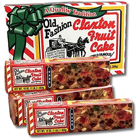 Old Fashion Claxton Fruit Cake 3-1 Lb. DARK Recipe Loaves - Individually Wrapped For Freshness in our Signature Red-White Carton - 3-pack Cover