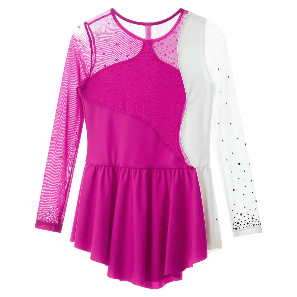 QXDZSW - Vestido de patinaje artístico para niñas, manga larga, con diamantes de imitación, vestido de gimnasia, leotardo, ballet, danza, actuación