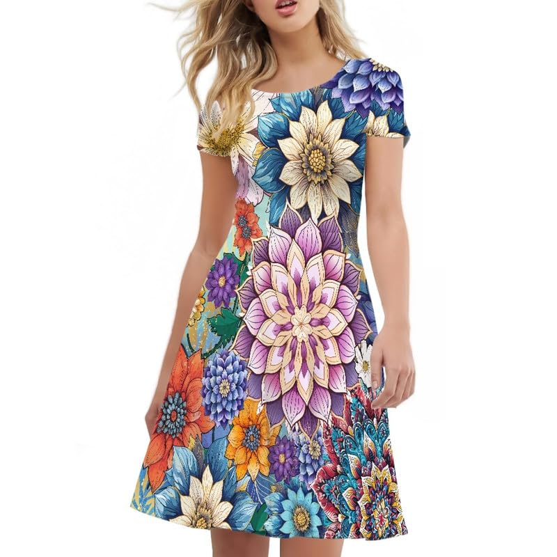 Image of Irisjudy T Shirt Dress for Women Short Sleeve Girls Short Sleeve Dress Plus Size, O Neck Knee Length Midi Dress for Ladies