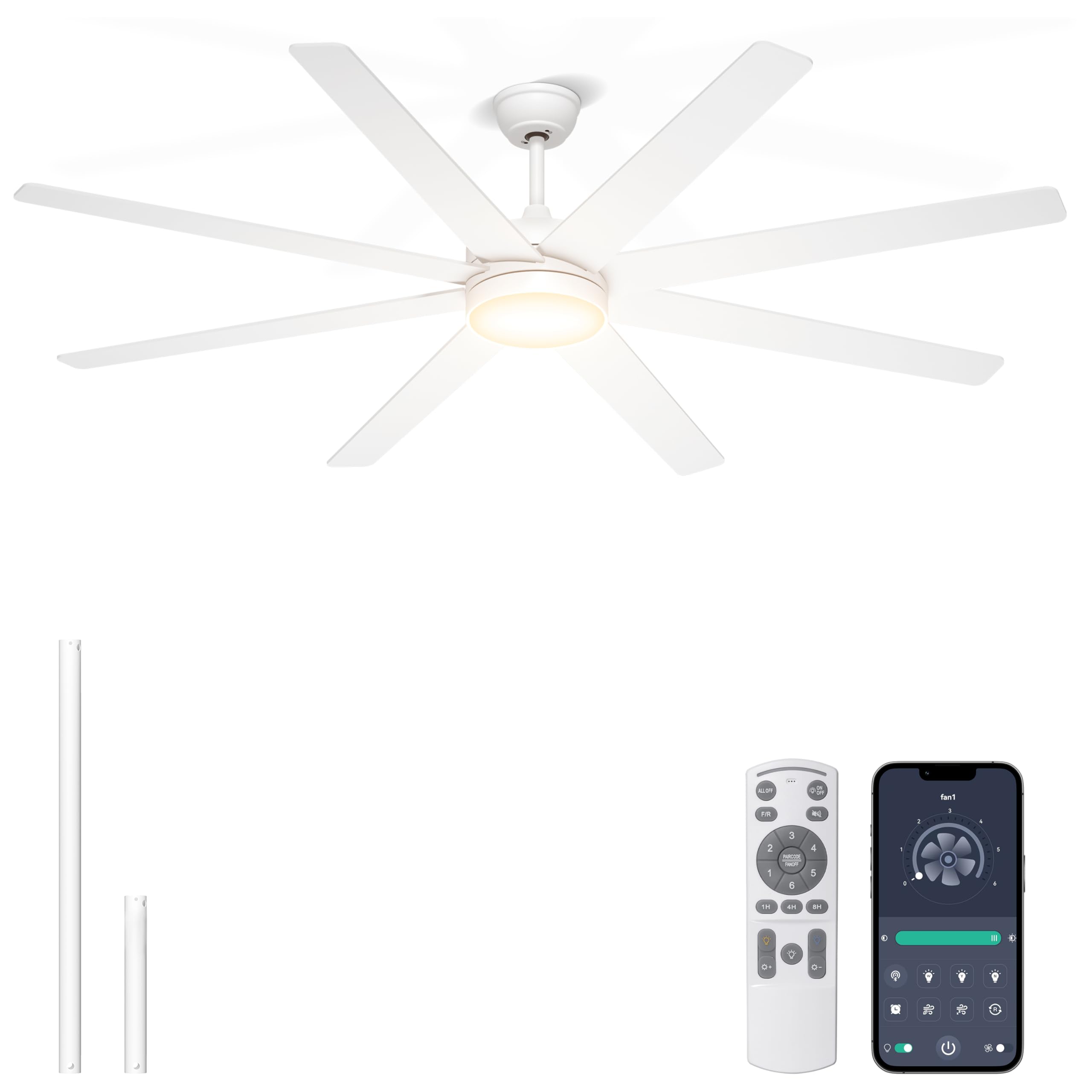 72 Inch Large Ceiling Fans with Lights 8 Blades White Ceiling Fan Remote APP Control Dimmable Reversible Big