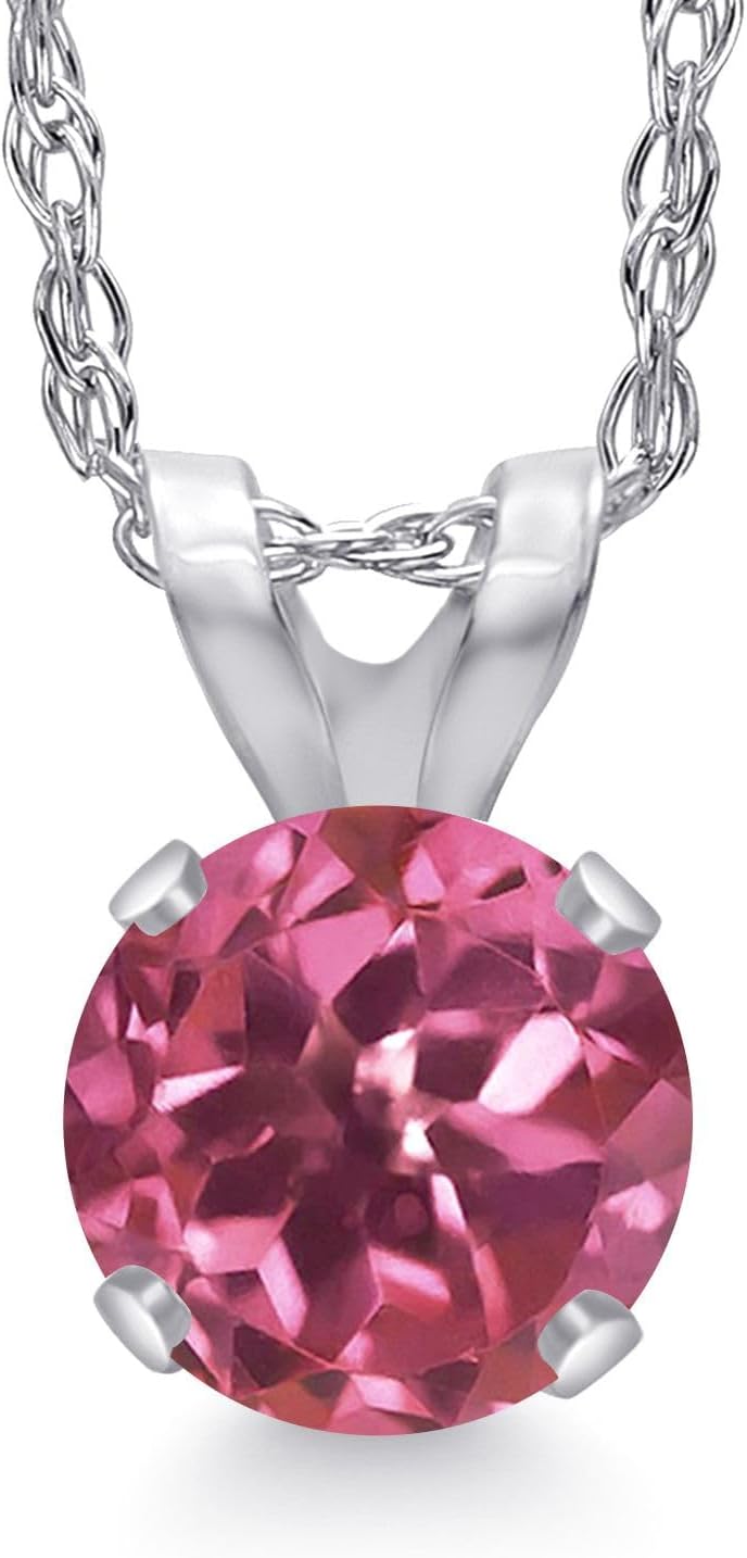Gem Stone King 14K White Gold Round 5MM Gemstone Birthstone Solitaire Pendant Necklace | White Gold Necklace for Women | With 18 Inch Gold Chain