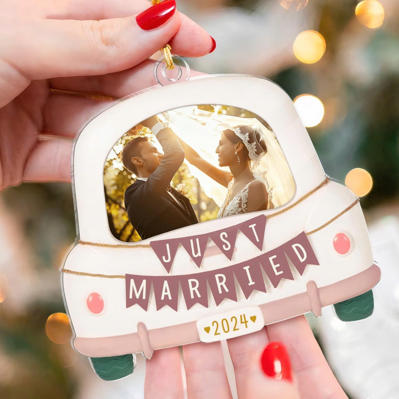 Gossby Custom Just Married Christmas Ornament 2024 Photo - Personalized First Christmas Marriage Gift for Couple - Acrylic Wedding Ornament Gift Decor - Gift for Newlywed Bride Groom Bridal Shower