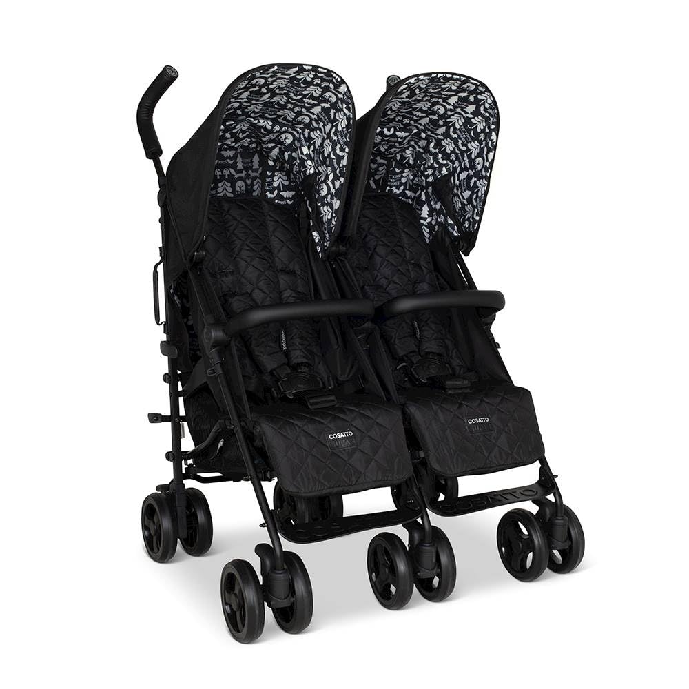 Cosatto Supa Dupa - Passeggino doppio, 0-25 kg, leggero, pieghevole, compatto, con coprigambe, portabicchieri e parapioggia (sagoma nera)