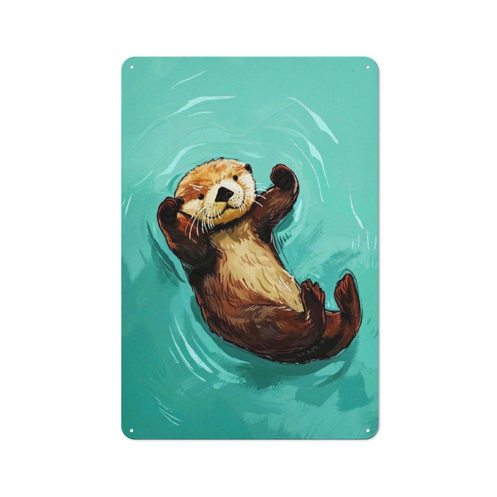 Junmoney Cute Baby Otter Garage Style Decorative Metal Plaque 30X20cm, Garage Wall Decor For Workshop, Basement, Shed Or Games Room