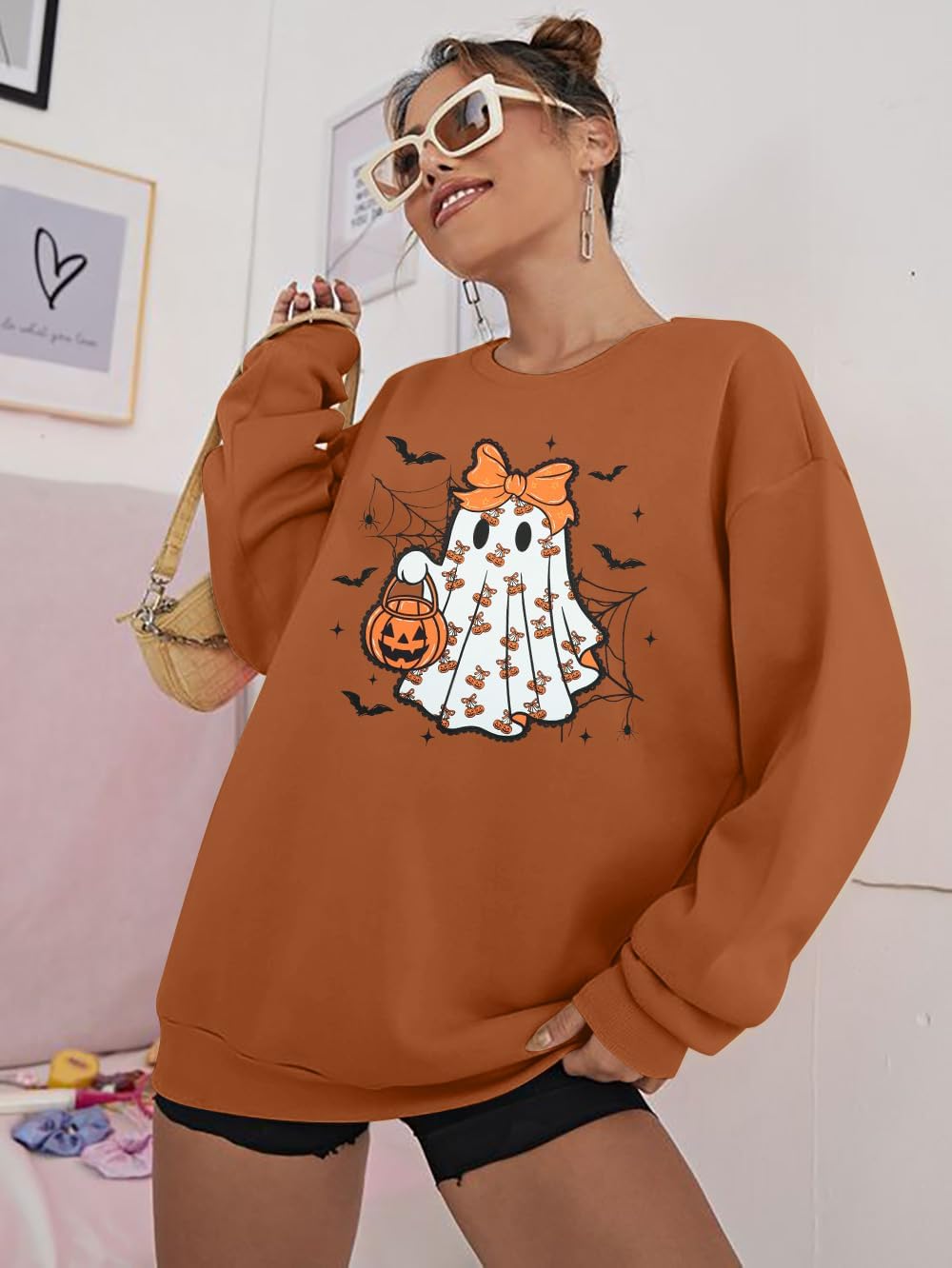 Halloween Spooky Season Sweatshirt Women: Oversized Black Cat Ghost Sweatshirts Fall Embroidered Pullover Top - Image 2