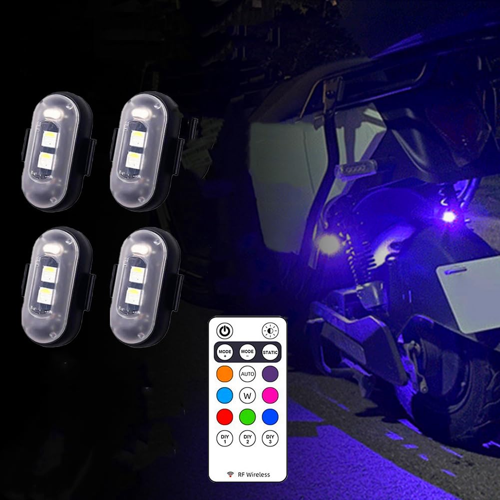 4pcs sans fil LED Flash avec télécommande 8 couleurs et 10 modes anticollision LED alarme d'urgence USB Charing imperméable à l'eau pour voiture, moto, drone, vélo (4)