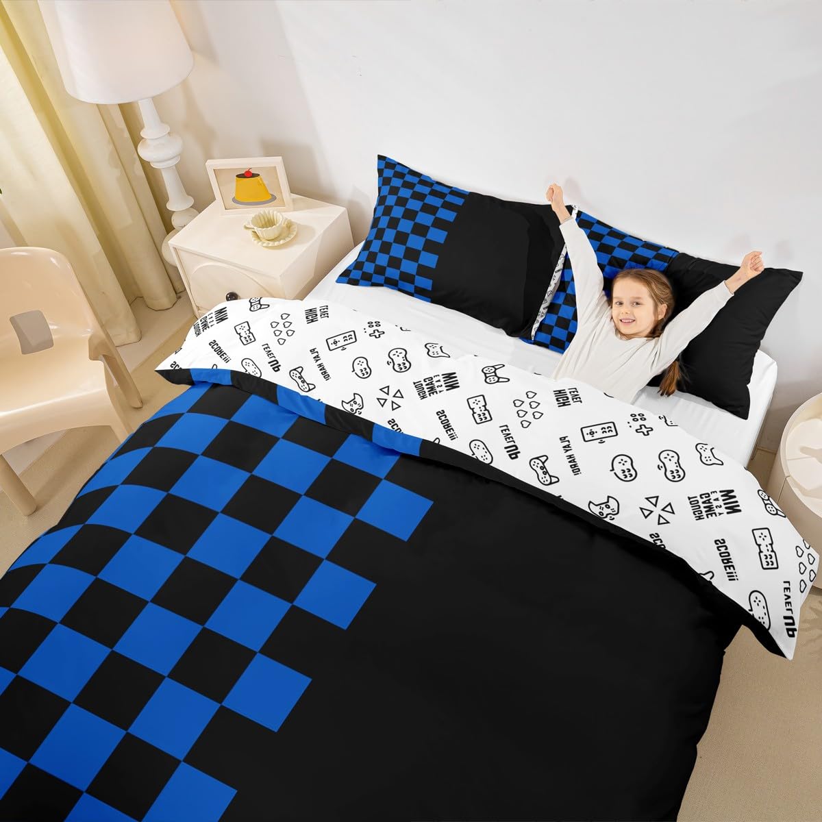 Manfei Geometric Check Girls Bedding Set Single Size, Video Games Plaid Lattice Duvet Cover Set,Modern Grid Simple Quilt Cover(No Comforter),Black Blue Room Decor,1 Pillowcase — image 1