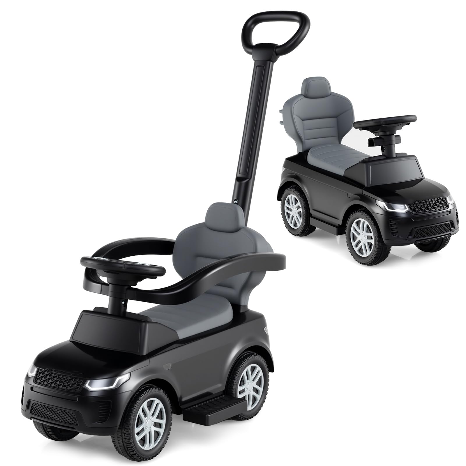Push Car for Toddlers, 3 in 1 Licensed Baby Ride on Toy with Parent Control Handle Safe Guardrails, Kids Sliding Walker with Under Seat Storage Horn for Boys Girls (Black)