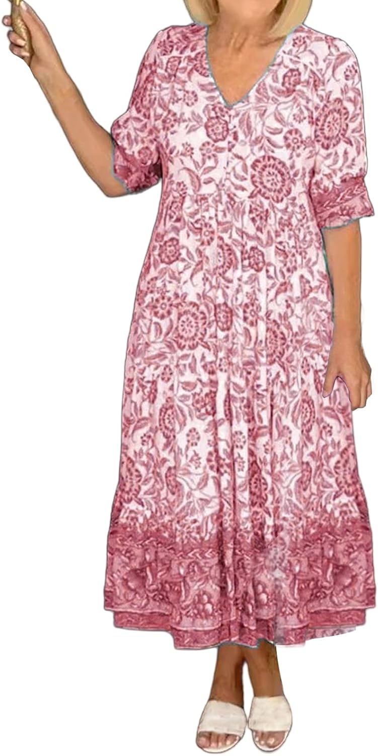 Boho Summer Dress for Women Flowy Beach Maxi Dresses V Neck Puff Short Sleeve Dress Casual Loose Long Sundress