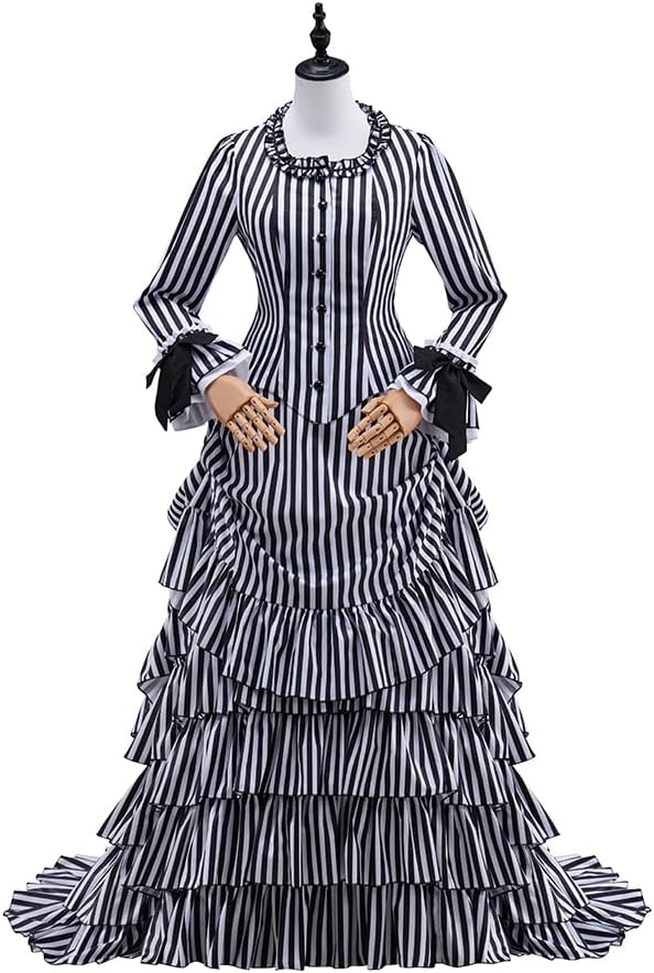 Gothic Victorian Bustle Dress Vintage Black and White Stripes Medieval Ball Gown Renaissance Costume for Women