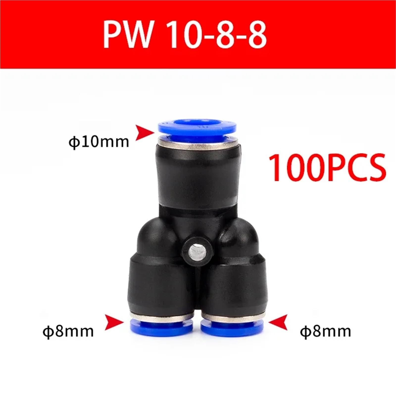 Zestaw 100 szt. 50 szt. złączki pneumatyczne, 3-drożne złącze powietrza typu Y do węży 4 mm, 6 mm, 8 mm, 10 mm i 12 mm, złącza szybkozłączek. (PW10-8)