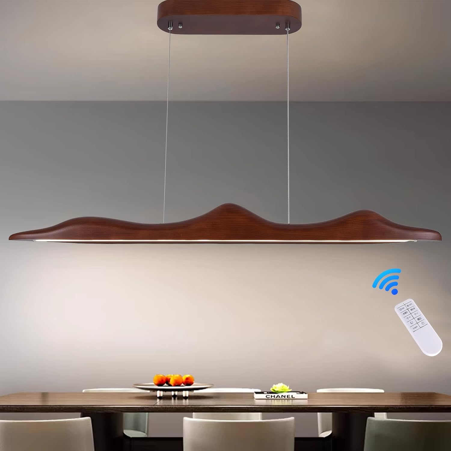 51" LED Dimmable Wooden Linear Pendant Lighting Island Lights for Dining Room Bar Kitchen Island Hanging Light Fixture Walnut Color 30w UL