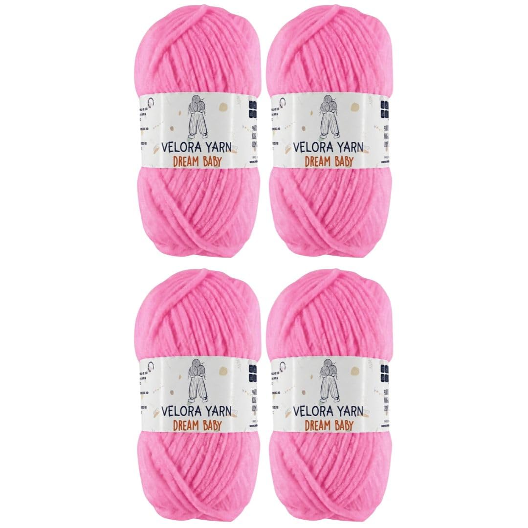 Velora Dream Baby Chenille Yarn Soft Thick Chunky Yarn Skein 100g 120m, Machine Washable for Knitting&Crochet Blanket, Amigurumi, Scarf, Hat,Sweater,Plushies (VY048-Neon Light Pink, Pack of 4)